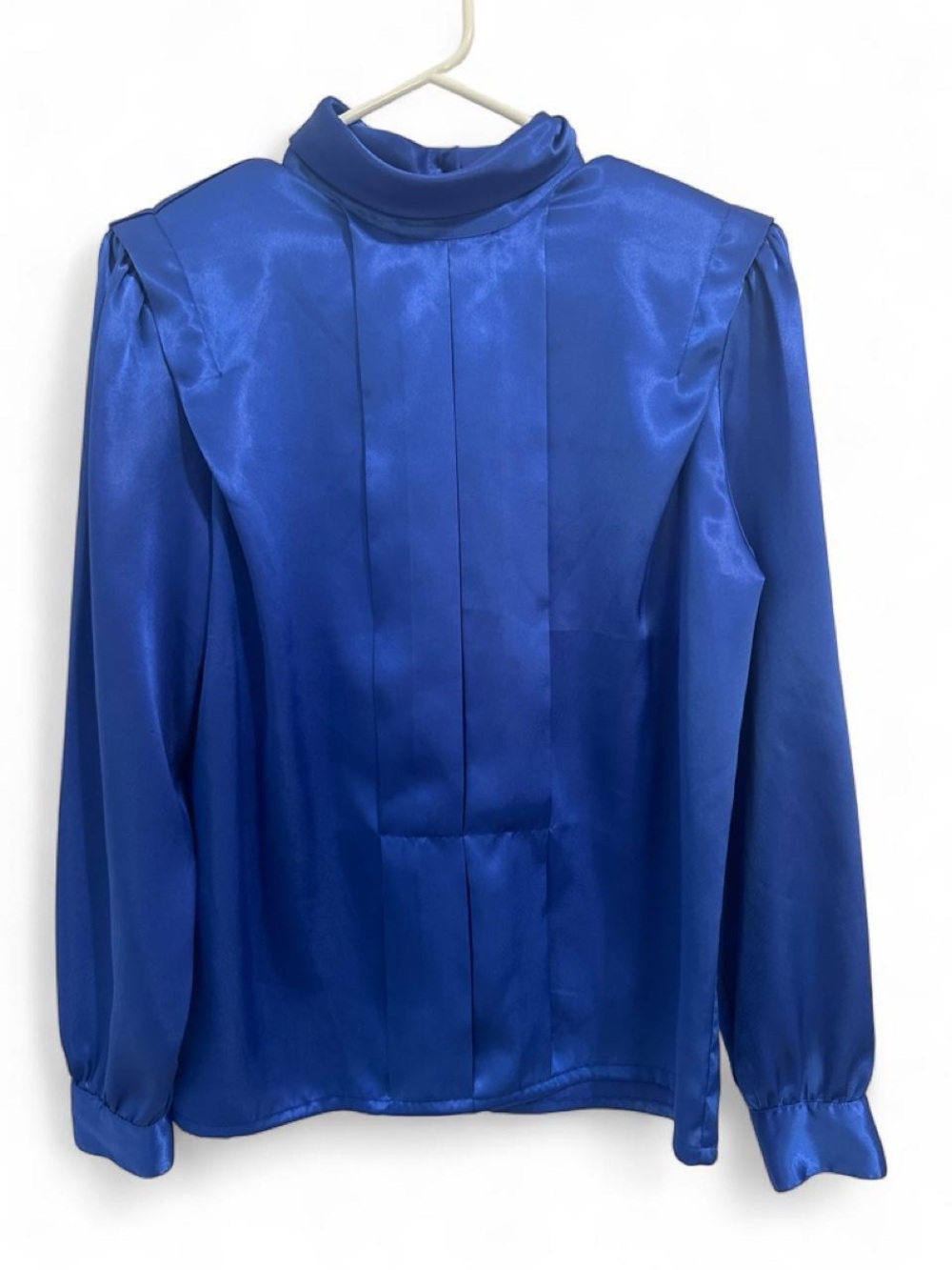 Vintage 80s Royal Blue Satin Blouse Mock Neck High Collar Pleated Size 6
